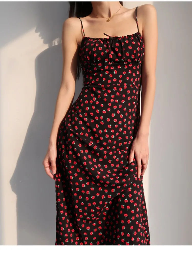 Retro style Summer Rose Flower Print Midi Sling Dress