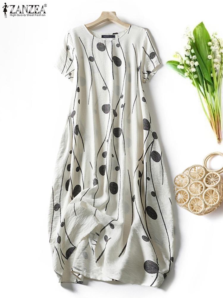 Short Sleeve Midi Dress Loose Casual Printing Long Round Neck