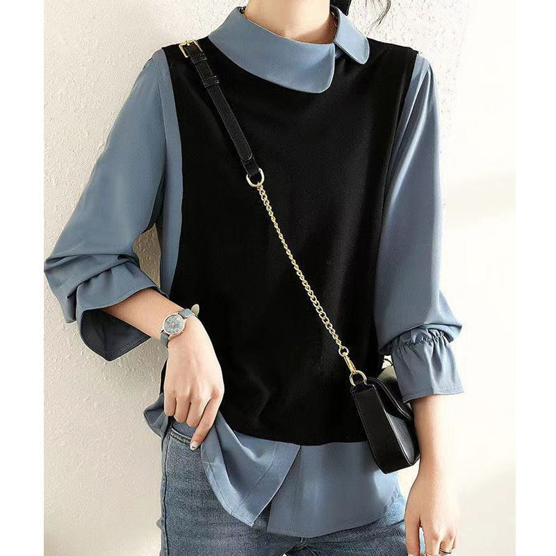 Style Collar Office Lady Two Piece Elegant Pullover Top