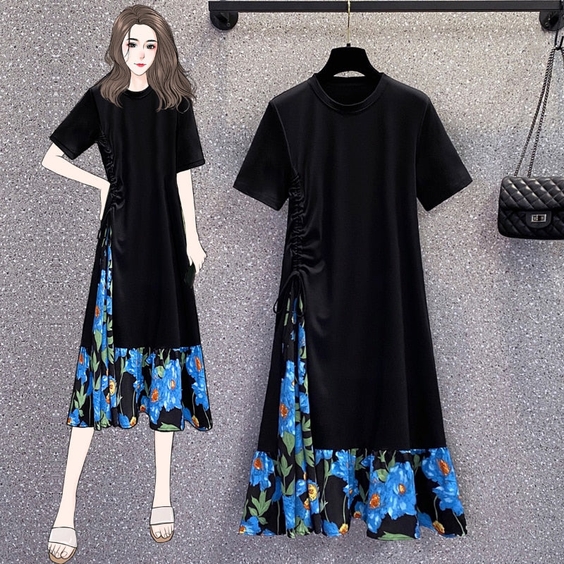 Patchwork Chiffon Floral Loose Plus Size  Clothing Dress