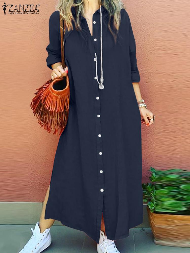 Long Sleeve Shirt Dress Lapel Solid Color Sundress