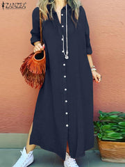 Long Sleeve Shirt Dress Lapel Solid Color Sundress