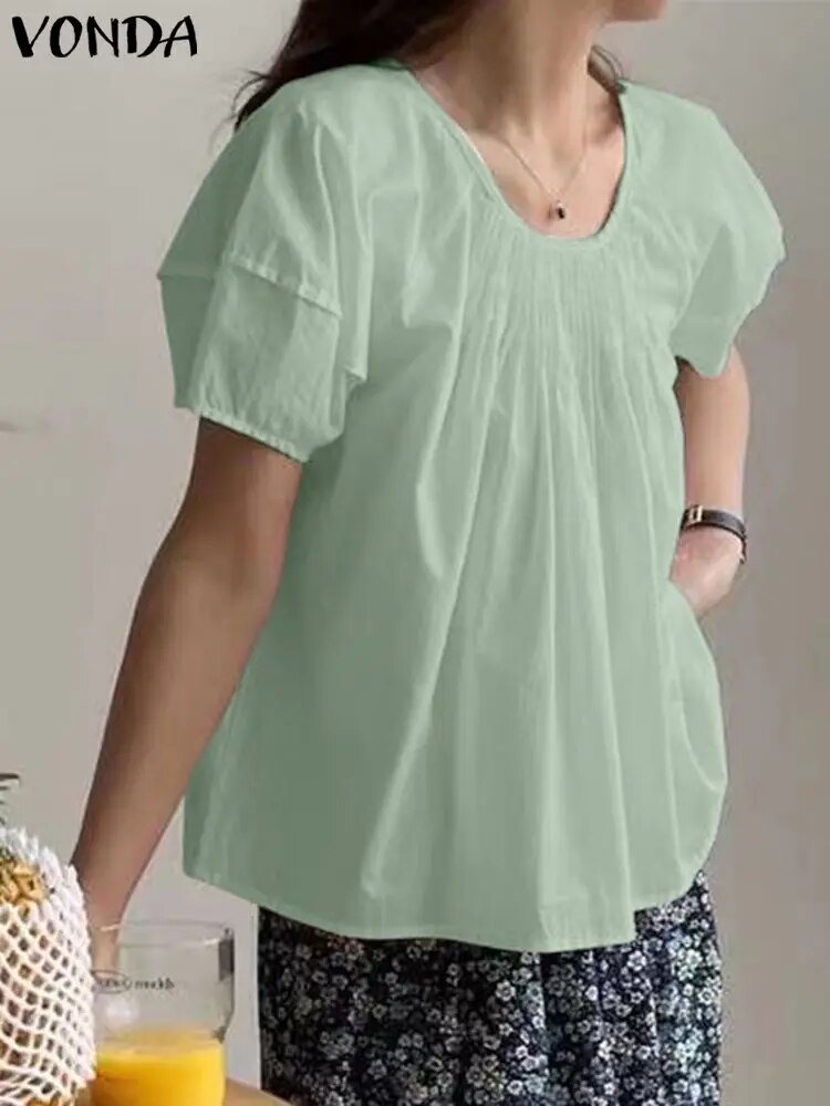 Fashion Blouse Round Neck Short Sleeve Pleated