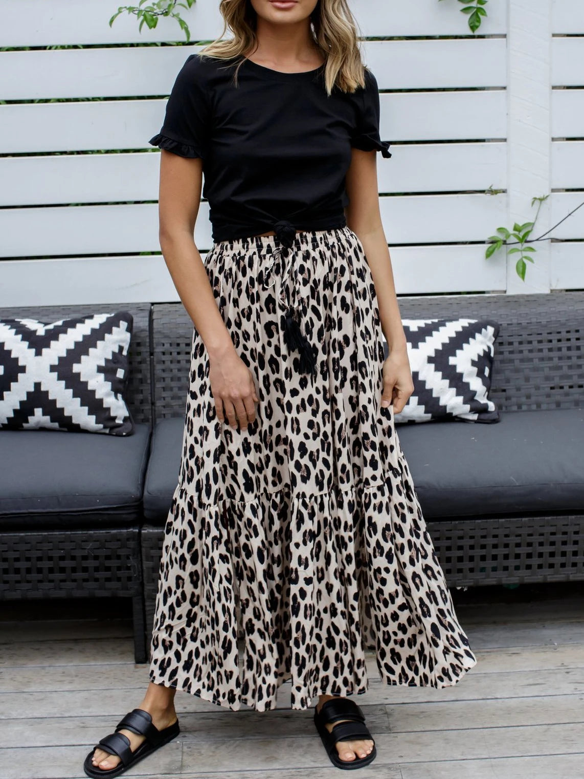 Vintage chic Hippie Leopard print Elastic Waist Split Bohemian skirt