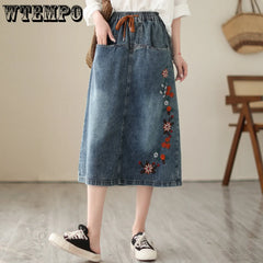 Retro Embroidered Denim Skirt Oversized High Waisted A-line