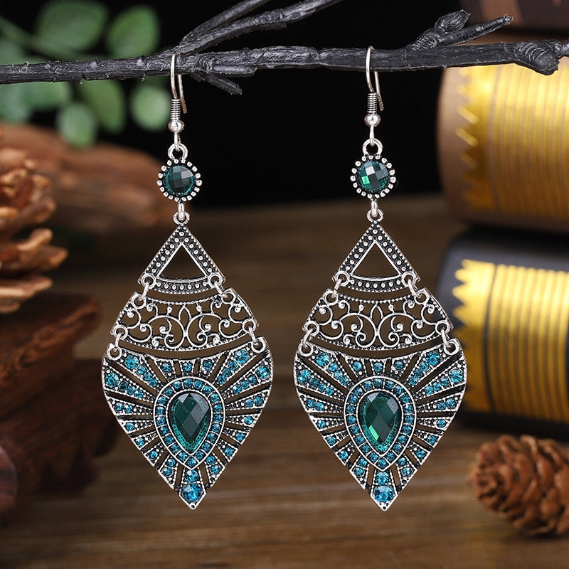 Bohemian Ethnic Long Blue Acrylic Crystal Water Drop Earrings Retro