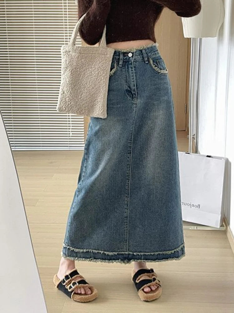 Denim Skirts Women Ripped Vintage Midi Chic