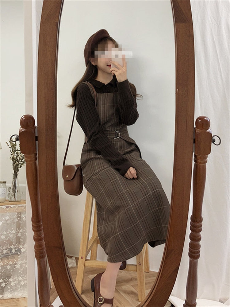 Dress Boho Female Vintage Dress shirt brown plaid