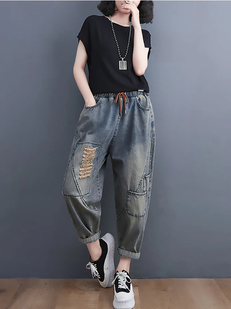 Vintage Jeans Female Elastic Waist Ripped Hole Harem Denim