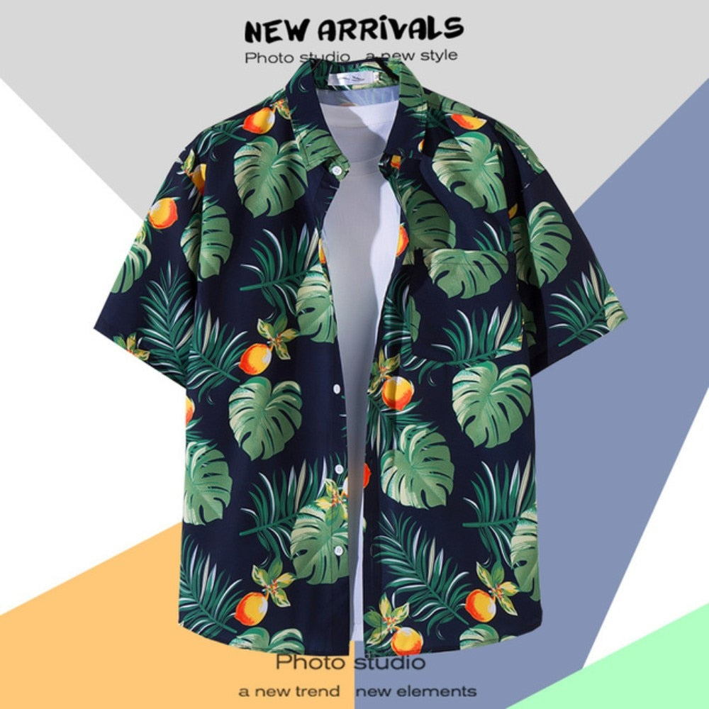 Hawaiian Men's Floral Shirt Summer Geometric Print Short Sleeved