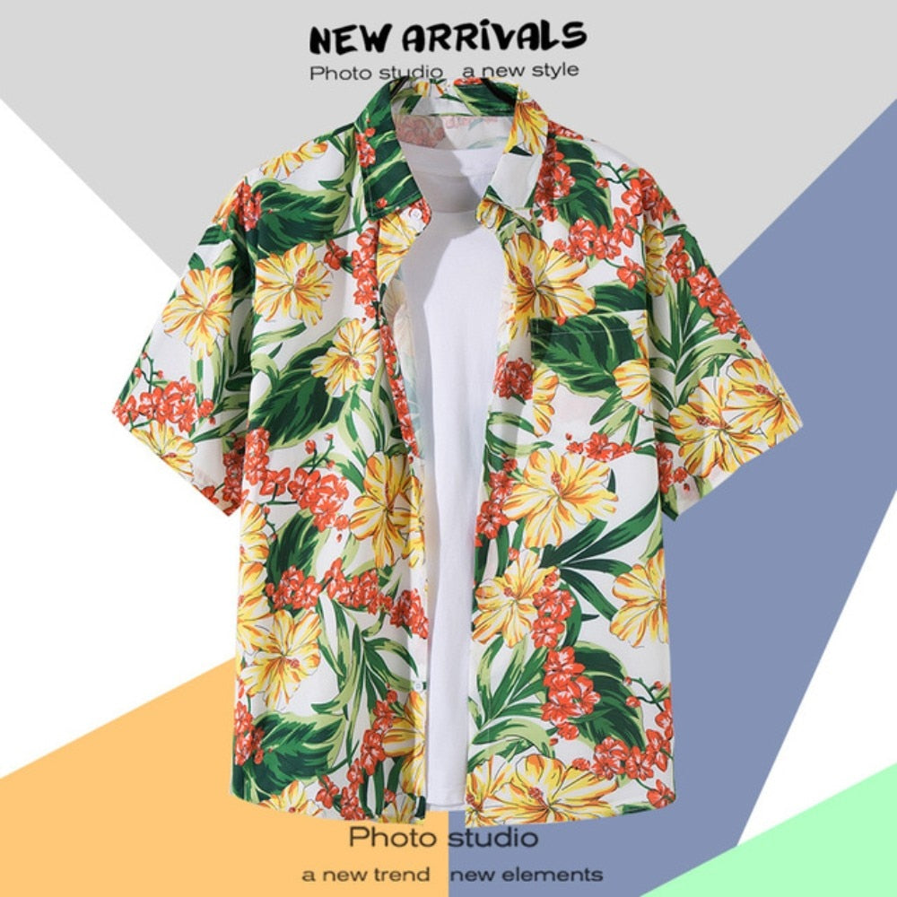 Hawaiian Men's Floral Shirt Summer Geometric Print Short Sleeved