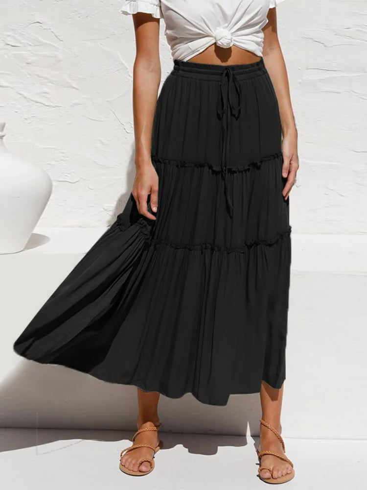 Bohemian Pleated Elastic Waist  A-Line Boho Maxi Skirts