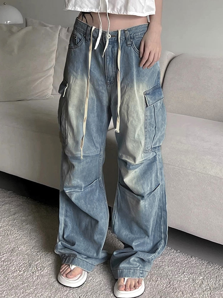 Loose Denim Cargo Pants Low Rise Big Pockets Streetwear