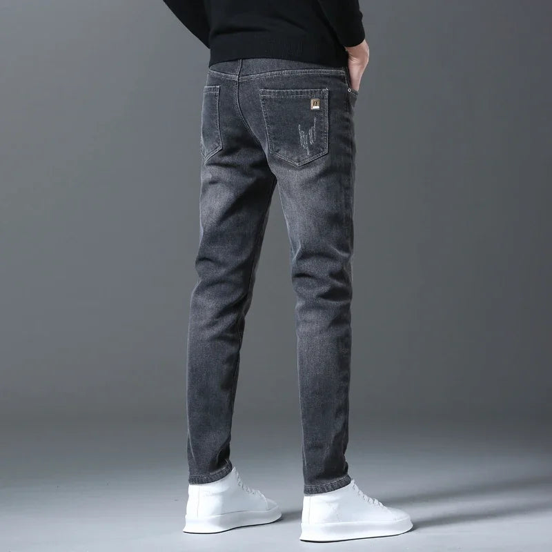 Men's Fleece Jeans Embroidery Fashion Straight Slim Casual