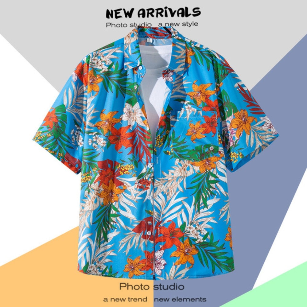 Hawaiian Men's Floral Shirt Summer Geometric Print Short Sleeved