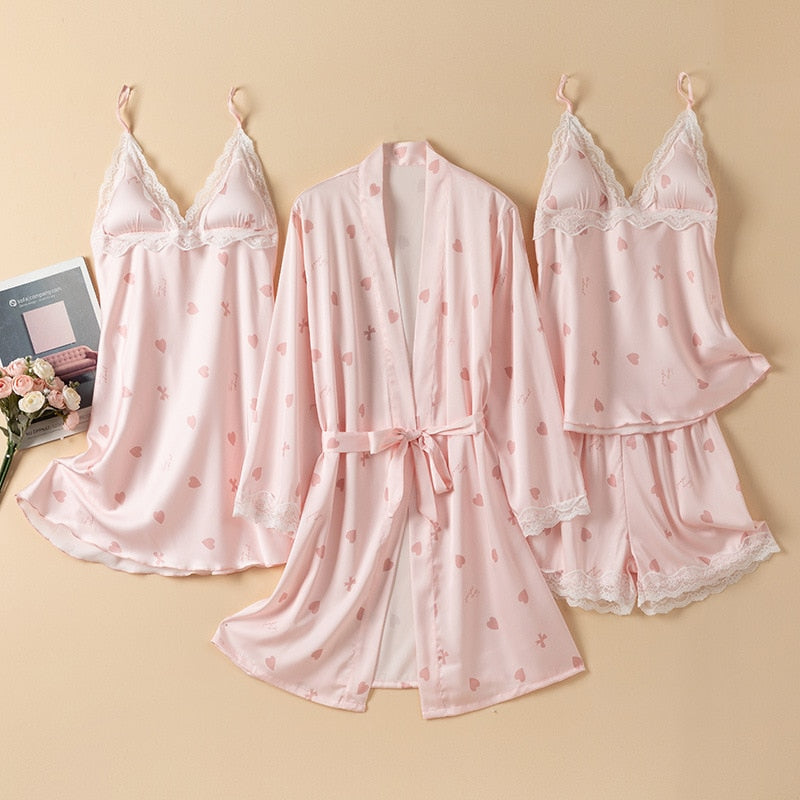 4PCS Pajamas Set Lady Print Bathrobe Sleep Suit Loungewear