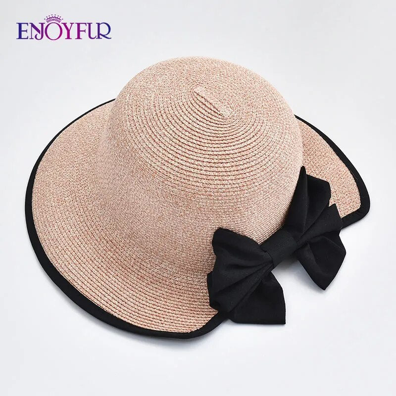 Summer Sun Straw Hats for Women Ribbon Bow Beach Fashion