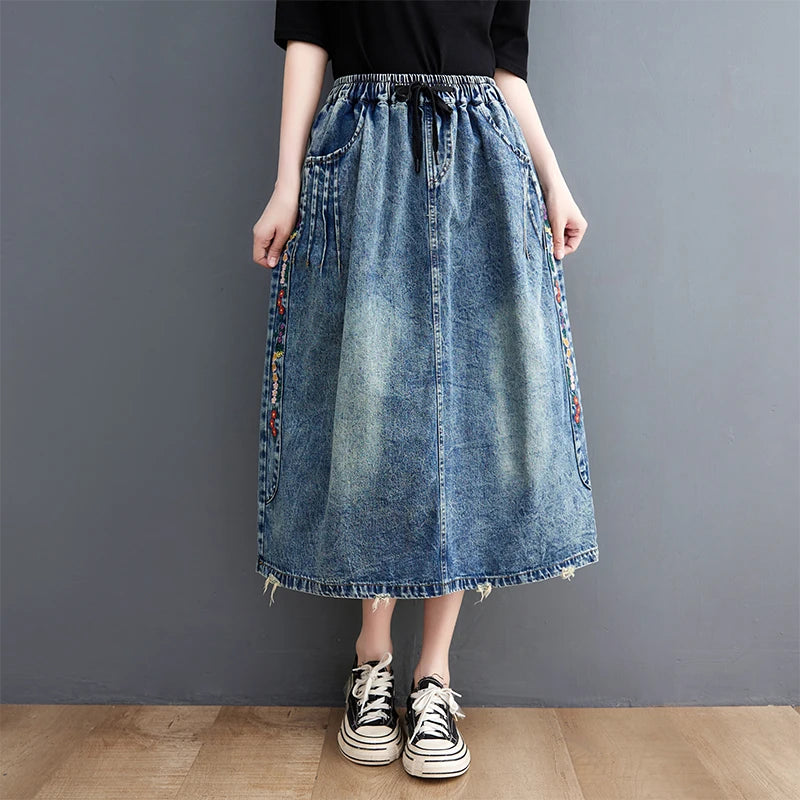 Vintage Ethnic Style Embroidery Denim Skirts Elastic High Waist