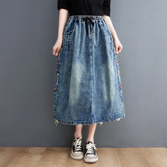 Vintage Ethnic Style Embroidery Denim Skirts Elastic High Waist