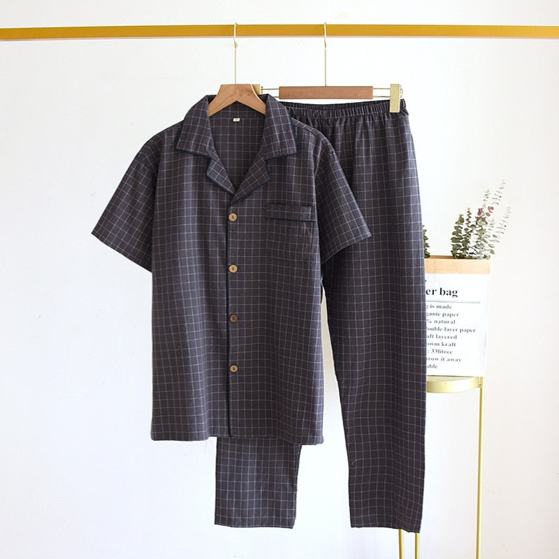 Plaid Print Pajama Man Summer Lapel Short-Sleeved Thin