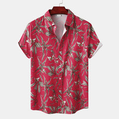 Red Floral Hawaiian Shirt Men Short Sleeve Button Down