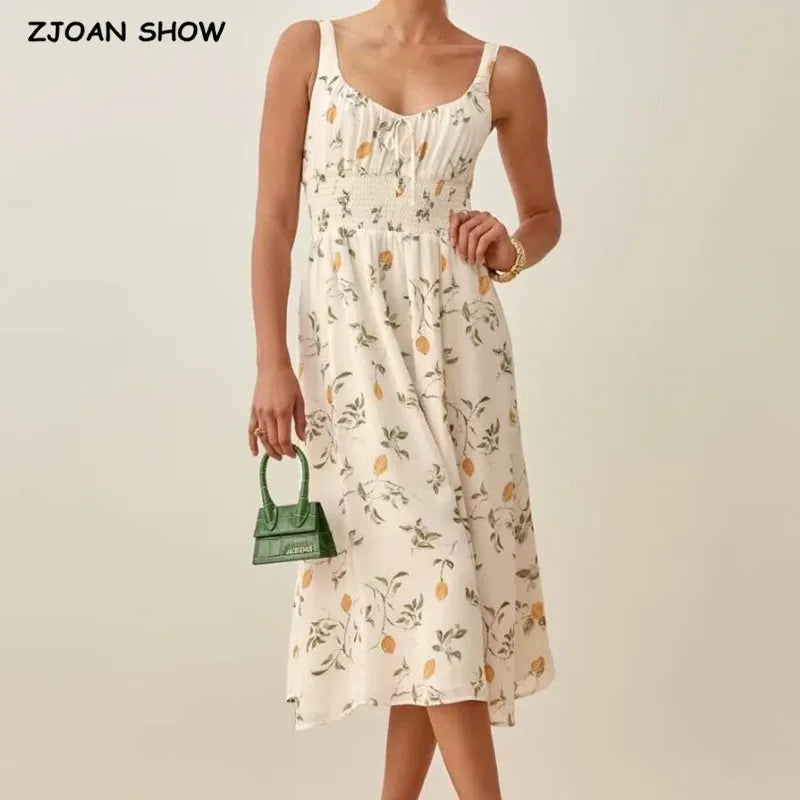 Retro Style V neck Flower Print Midi Sling Dress