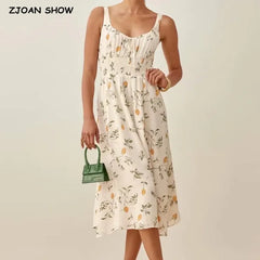 Retro Style V neck Flower Print Midi Sling Dress