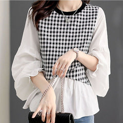 Women Plaid Print Patchwork Two Piece Kawaii Shirts