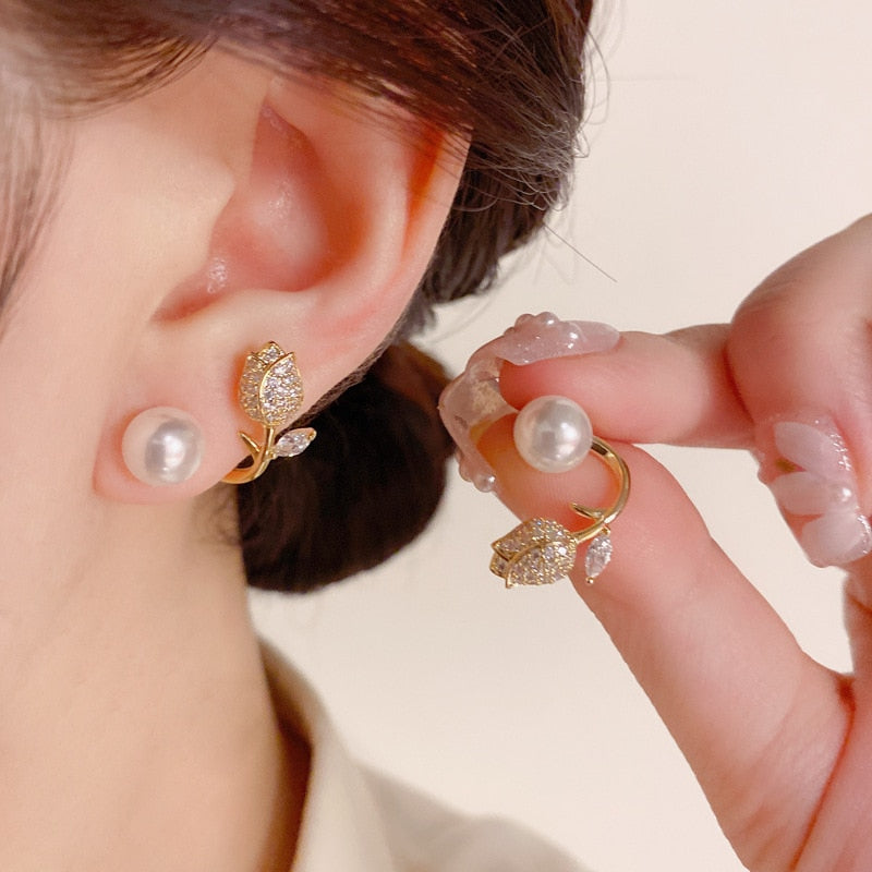 Fashion Zircon Tulip Flower Pearl Stud Earrings