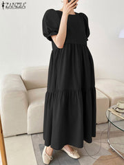 Woman Casual Tiered Dress Puff Short Sleeve Solid Color