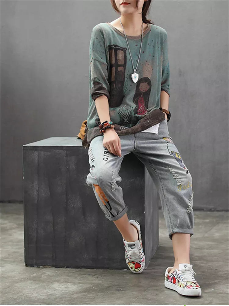 Fashion Style Vintage Hole Girl Embroidery Ankle-length Denim Jeans