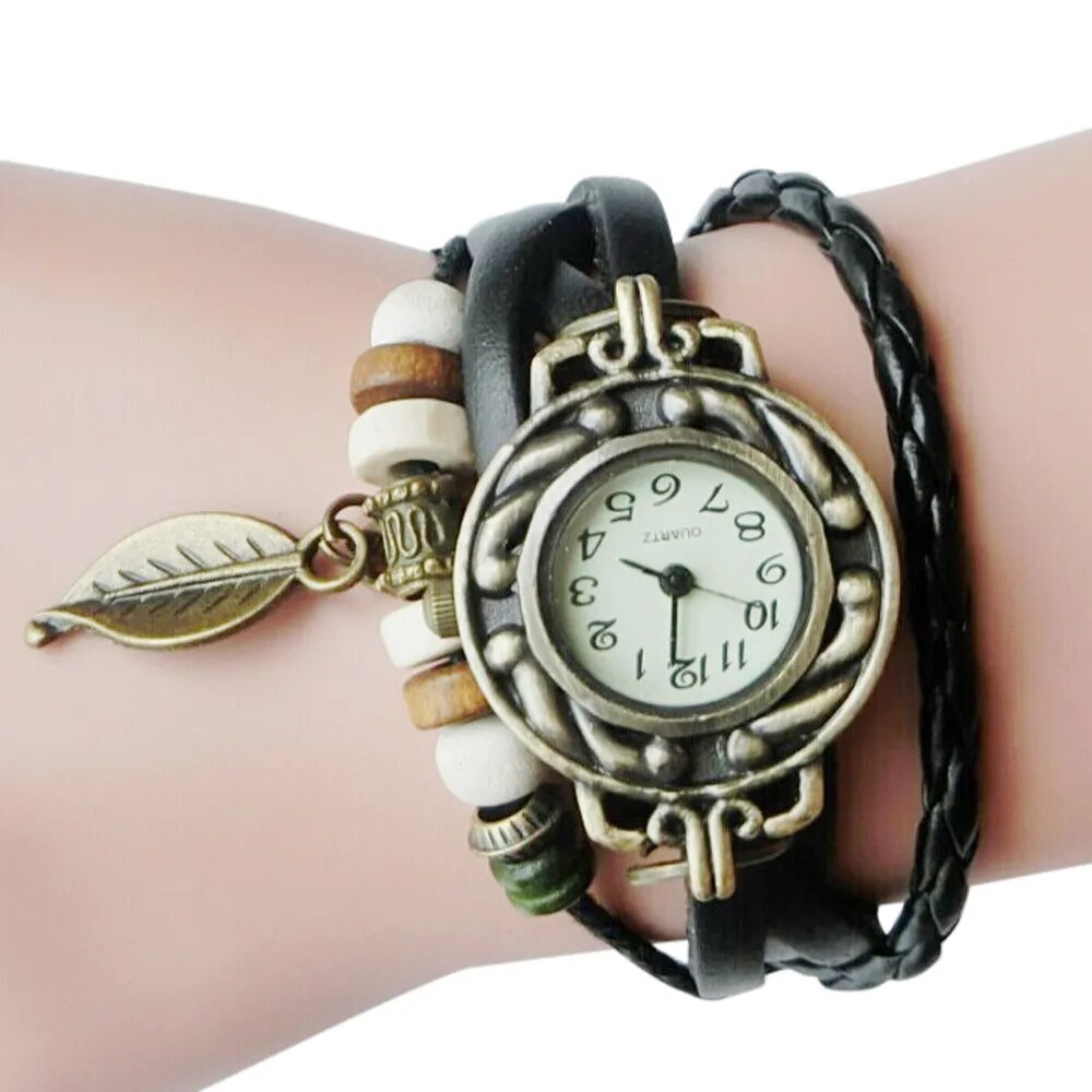 Fashion Women Watches Retro Leather Winding Bracelet Leaf