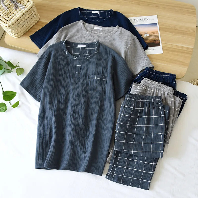 cotton crepe round neck plaid pajamas two-piece long-sleeved trousers