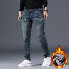 Men's Fleece Slim Straight Jeans Retro Washed Elastic Denim Pants