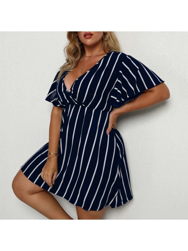 Striped V-neck short-sleeved dress casual bohemian