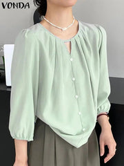 Shirts Blouse Solid Color Tops Buttons Hollow Out