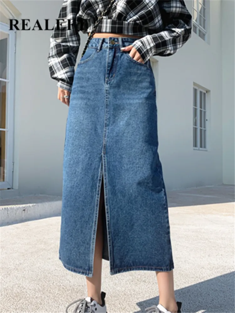 Front Split Women's Long Denim Skirt Vintage High Waist Jeans