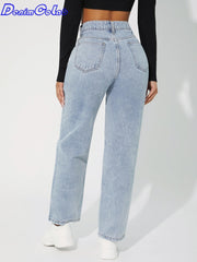 High Waist Straight Leg Jeans Simple Style Casual Cotton Denim Pants