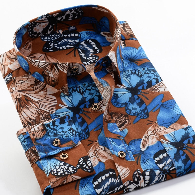 Large Size Flower Print Men's Fashion Casual Long Sleeve Shirt