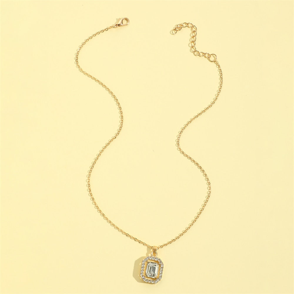 1Pc Simple Crystal Gold Color Chain Pendant Necklace