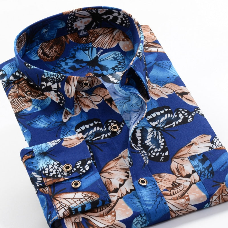 Large Size Flower Print Men's Fashion Casual Long Sleeve Shirt