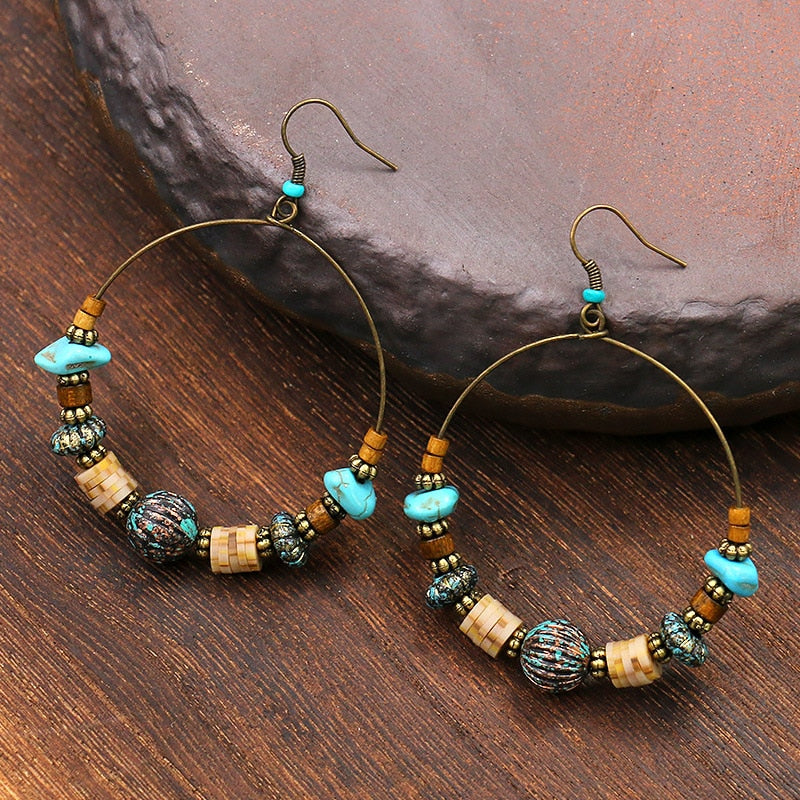 Vintage Bohemian Big Circle Earrings Ethnic Wood Bead