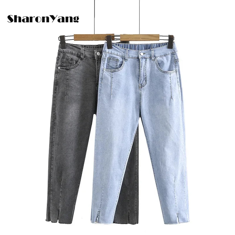 High Waist Mom Pockets Zipper Pants Cotton Harem Jeans