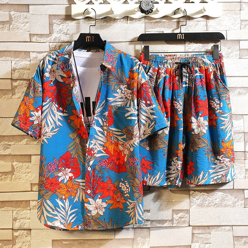 Men's 2 Pieces Set Hawaiian Shirts +Beach Shorts Mens Casual