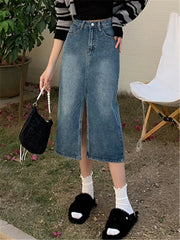 Front Split Women's Long Denim Skirt Vintage High Waist Jeans