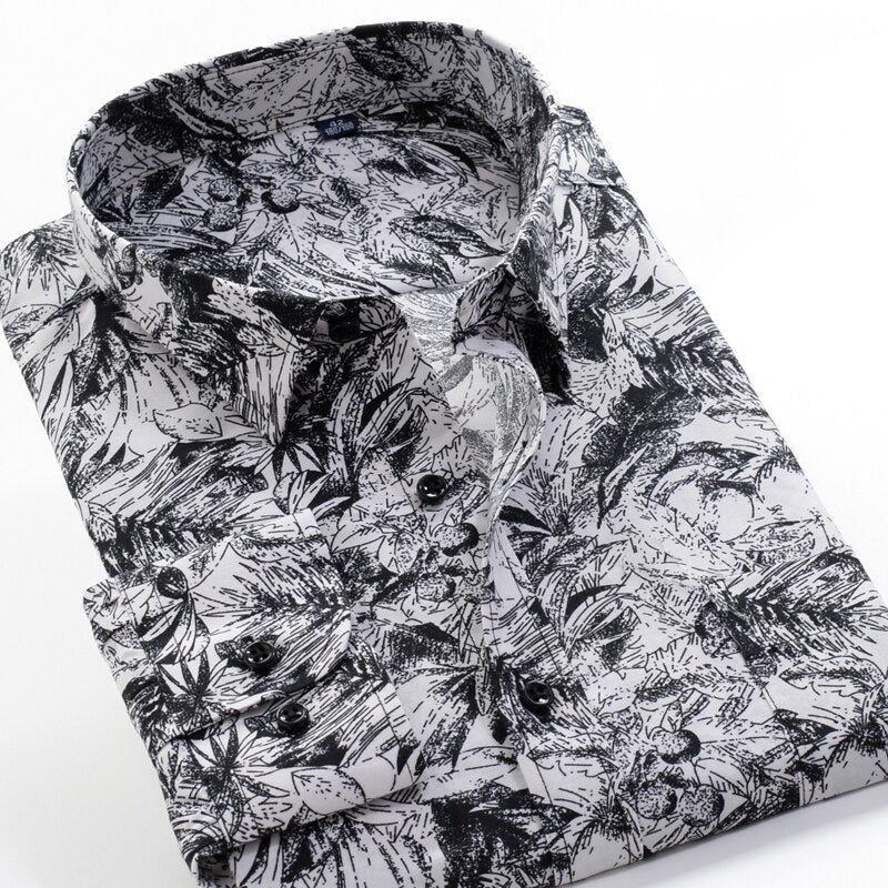 Large Size Flower Print Men's Fashion Casual Long Sleeve Shirt