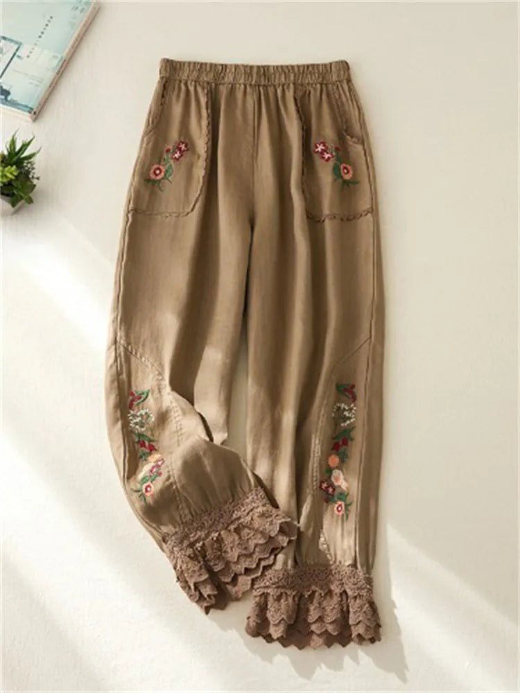 Women's Cotton Linen Pants Elastic Waist Floral Embroidery