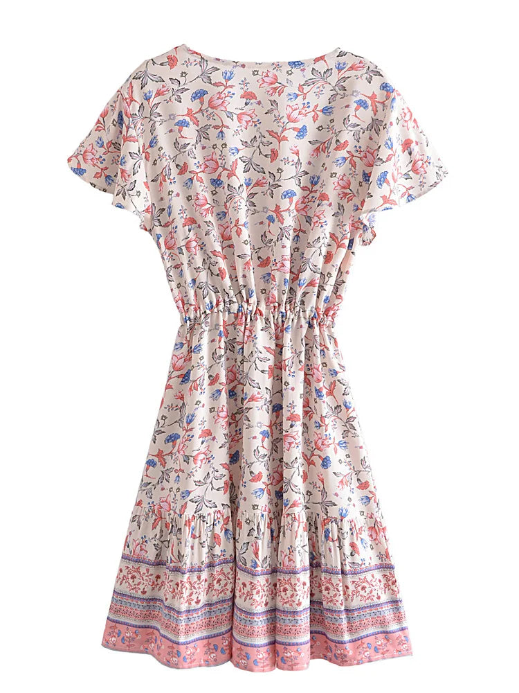 Print Short Sleeve Loose Bohemian Mini Dress Ladies V-neck  Rayon