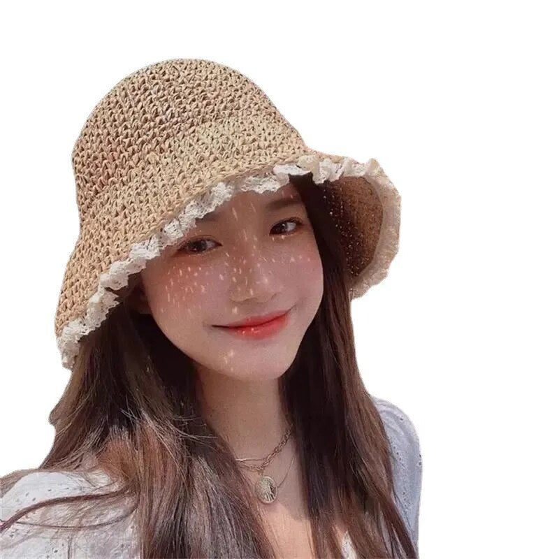 Women's Summer Hat Foldable Hollow Lace Trim Straw