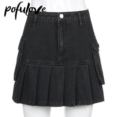 Jeans Mini Skirt Goth Denim Pleated Skirts with Big Pockets W